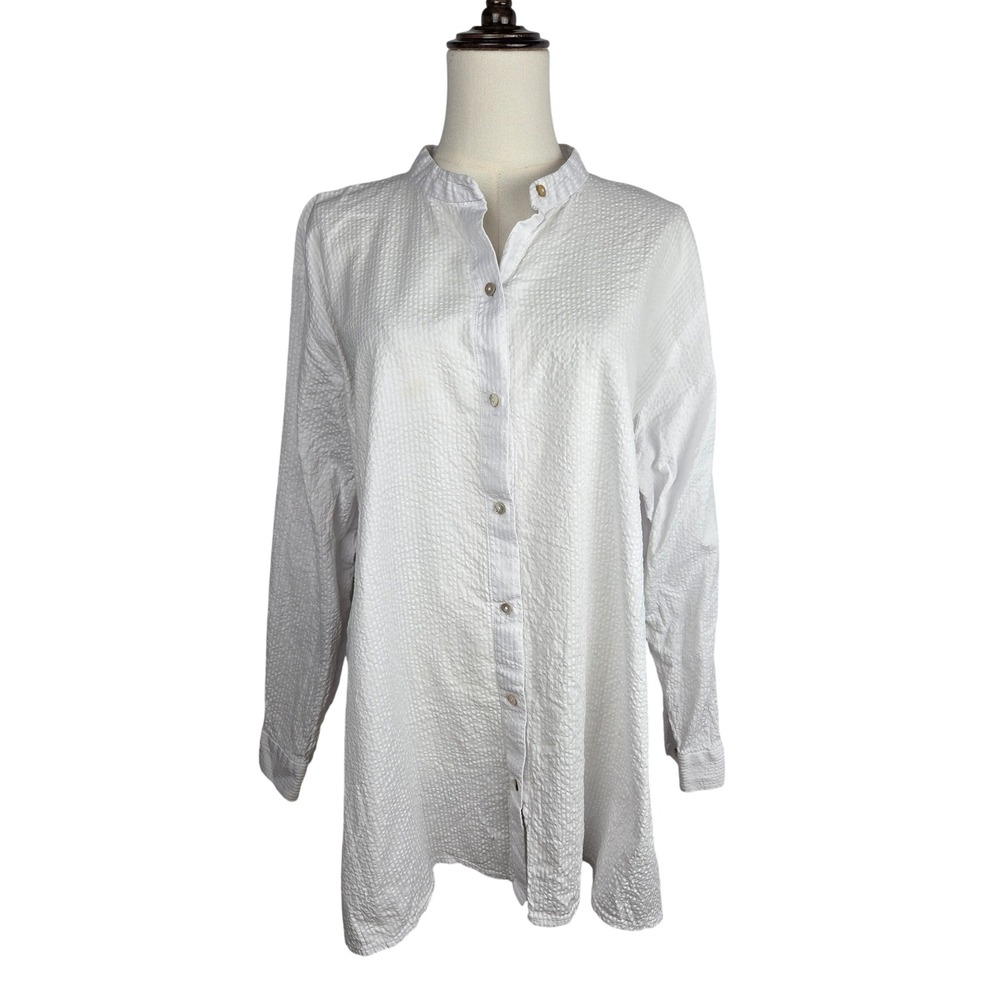 Eileen Fisher Button Down Tunic 1X White Organic Cotton Seersucker Mandarin